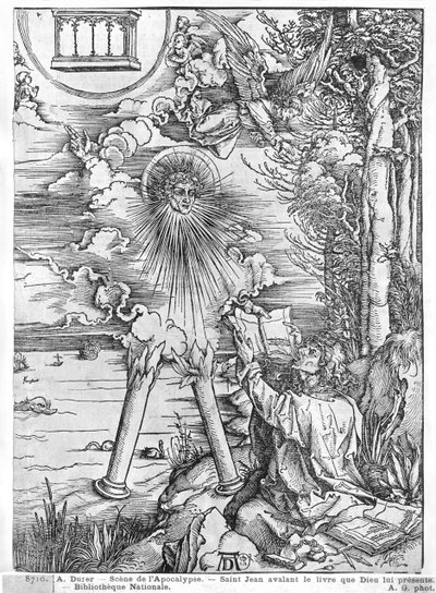 Scene from the Apocalypse, St. John devouring the Book, Latin edition, 1511 by Albrecht Dürer