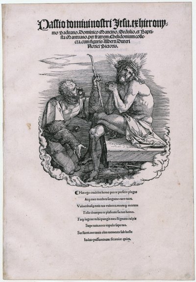 Man of Sorrows and the Landsknecht, Sheet 1 [Title Page] of the Series "The Great Passion" by Albrecht Dürer