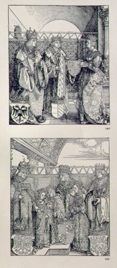 The Triumphal Arch of Emperor Maximilian I: detail showing two panels placed above the left-hand portal depicting events in the life of Emperor Maximilian, pub. 1517-28 by Albrecht Dürer
