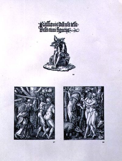 Three pages from the Small Passion series: (top) titlepage with Christ as the Man of Sorrows and a Latin inscription; (left) The Expulsion from Paradise; (right) Adam and Eve, pub. 1511 by Albrecht Dürer