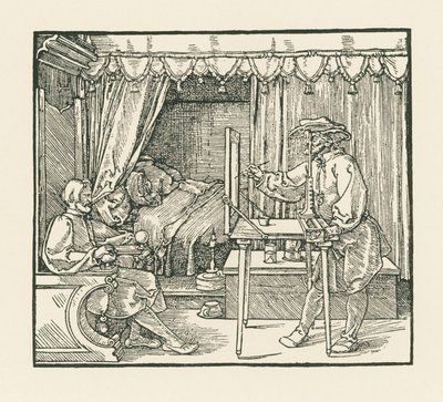 An artist drawing a seated man on to a plane of glass through a sight vane by Albrecht Dürer or Duerer