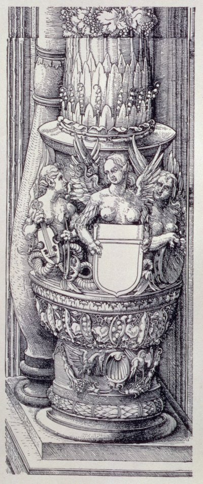 The Triumphal Arch of Emperor Maximilian I of Germany: detail of central Gates of Honour and Power, left-hand column base embellished with bands of foliage and winged female griffins by Albrecht Dürer