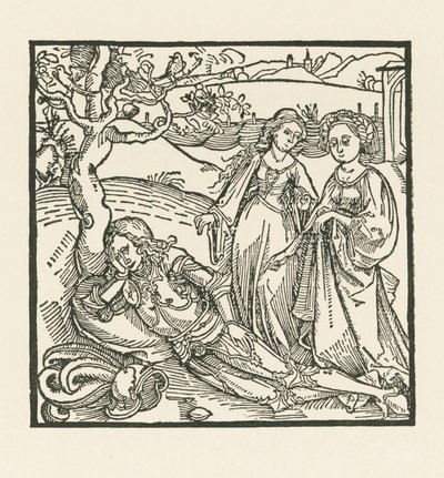 The knight in meditation is joined by his two daughters by Albrecht Dürer or Duerer