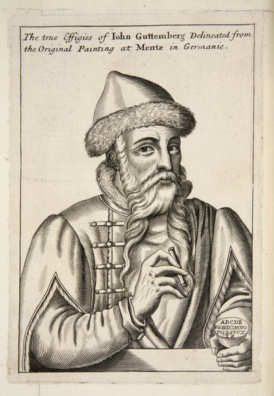 John Gutenberg, from Mechanick Exercises: or The Doctrine of Handy-Works applied to the Art of Printing, pub. 1683 by Albrecht after Mentz