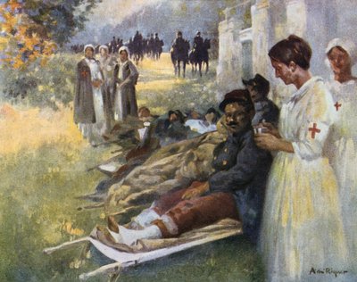 First Aid: Wounded Soldier and His Nurse at a Dressing Station During World War I in France by Alejandro de Riquer