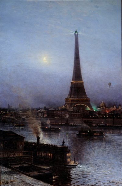 View of the Eiffel Tower at night in 1889, Painting by Alexei Petrovich Bogoliouboff by Aleksei Petrovich Bogolyubov