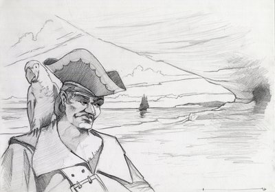 Caribbean Pirate with Parrot Looking for Treasure in a Cave on a Beach, with Galleon by Alessandro Lonati