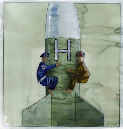 Cold War: An American and a Soviet Officer Clinging to a Nuclear Missile by Alessandro Lonati
