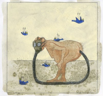 Ecology and air pollution: method of depuration of the air, a man breathes his own body gases by a mask by Alessandro Lonati
