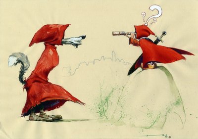 Fable of the Little Red Riding Hood by Charles Perrault: the Red Riding Hood with a sword observes the disguised wolf with a red coat by Alessandro Lonati