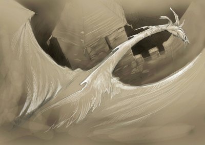 Fantastic Creature: a dragon flying over a castle tower by Alessandro Lonati