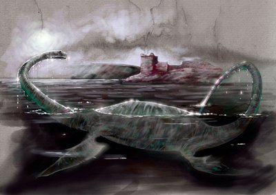 Fantastic monsters and creatures, cryptozoology: representation of Nessie, the Loch Ness monster in Scotland by Alessandro Lonati