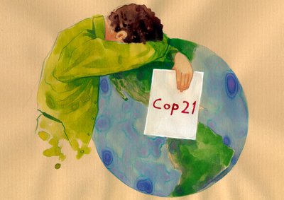 Future of the Earth, a crying man holding the COP 21 sign by Alessandro Lonati