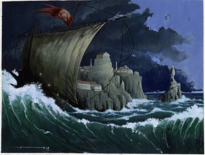 Illustration of the myth of the island disappeared under the Atlantis Sea: view of the Greek city of the legendary island before its disappearance by Alessandro Lonati