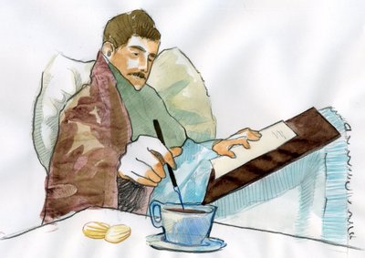 Marcel Proust as a sick man writing with the tea of his aunt Elisabeth by Alessandro Lonati