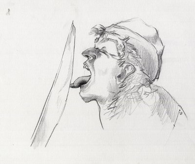 Portrait of a pirate (privateer) defying the sword by touching it with the tongue by Alessandro Lonati