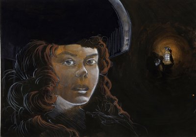Portrait of a pirate woman (privateer) or sailor in the night, illuminated by another pirate