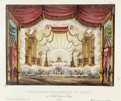 Appearance of the Kingdom of Jupiter. Scenography for the representation of the opera drama “Enea nel Lazio” (1799) by Giuseppe Sarti. Lithography in “Raccolta di invenzioni sceniche del 1830 di Alessandro Sanquirico (1777-1849)” by Alessandro Sanquirico