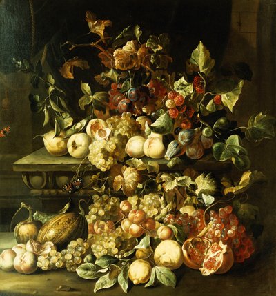 Grapes, Figs, Raspberries and Other Fruit on a Stone Ledge by Alexander Coosemans