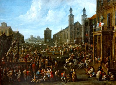A market scene with street performers and other figures by Alexander van Bredael