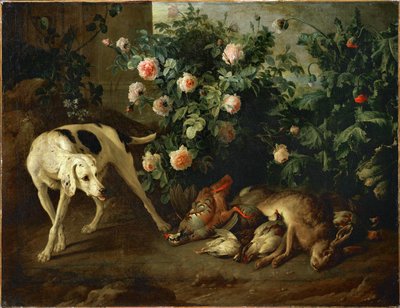 Dog guarding game near a rose bush by Alexandre Francois Desportes