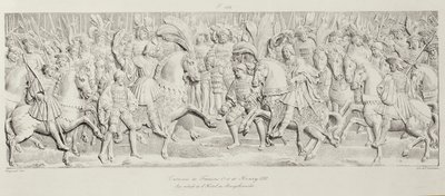 Meeting of Francois I and Henry VIII at the Field of the Cloth of Gold, after the carved stone relief in the Hotel de Bourgtheroulde, Rouen, Normandy, 1501-37, engraved by Godefroy Engelmann by Alexandre Evariste Fragonard