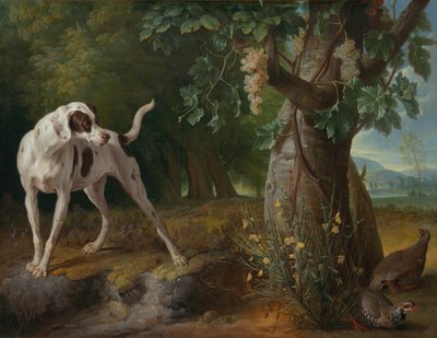 Dog Pointing Partridges in a Landscape by Alexandre Francois Desportes
