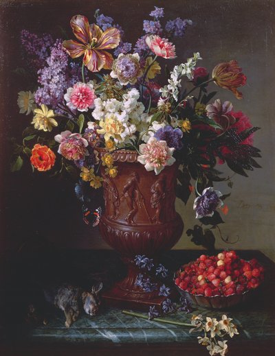 Flowers in a Sculpted Urn with a Bowl of Wild Strawberries and Hare on a Ledge by Alexandre Francois Desportes