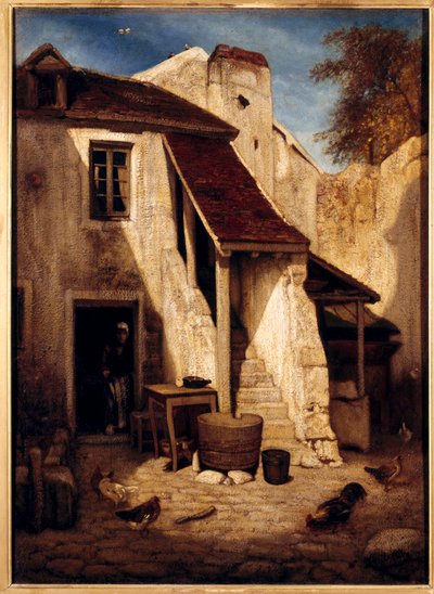 Interior of rustic courtyard in Fontainebleau by Alexandre Gabriel Decamps