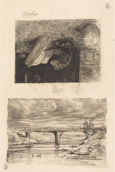 River Landscape with a Bridge; Monkey Paging through a Book by Alexandre Gabriel Decamps