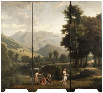 An Arcadian Landscape with Maidens Gathering Flowers by a River Bank, a Hilltop Castle Beyond by Alexandre Hyacinthe Dunouy