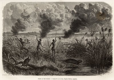 The bongo tribe hunt the rat from the reeds (for naturalists: aulacode), sitot spot the place where the rodents live, fire is set to dry grass around their cottage, until the beets, forced to flee, come to present themselves to the hunters, engraving after by Alexandre de (after) Bar