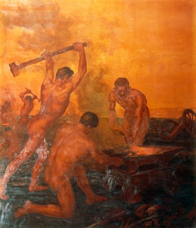 The Forge, Left Panel of Railwaymen Triptych by Alfonso Quarantelli