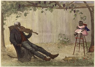 Old black man playing violin to baby by Alfred Edward (after) Emslie