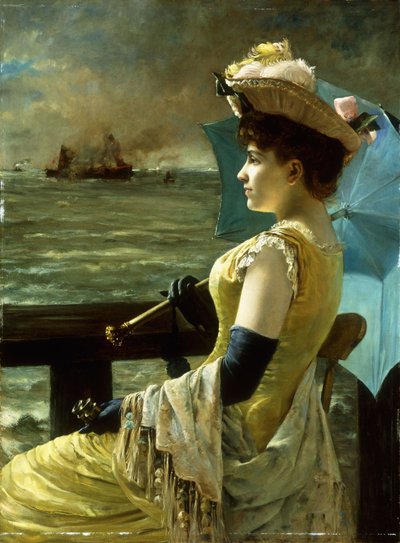 A Lady with a Parasol Looking out to Sea by Alfred Emile Stevens