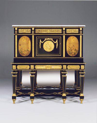 Cabinet-on-stand, incorporating marquetry panels and constructional elements from a commode by David Roentgen, the frieze mounts attributed to Francois Redmond by Alfred Emmanuel Louis Beurdeley
