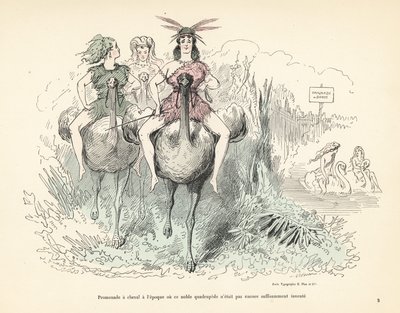 Women in animal skins and feathers riding ostriches and swans by Alfred Grevin