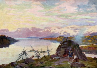 A Lapp Hut on Lake Torne Trask, Midnight by Alfred Heaton Cooper