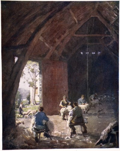 Sheepshearing, Esthwaite Hall Farm, from a portfolio of prints from the original watercolours by Alfred Heaton Cooper