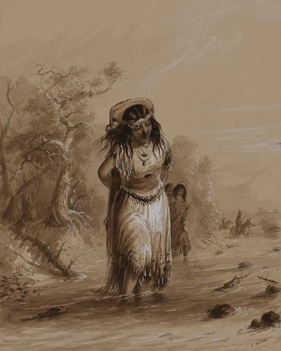 Indian Girl with Papoose Crossing Stream by Alfred Jacob Miller