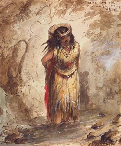 Indian Girl with Papoose Fording a Stream by Alfred Jacob Miller