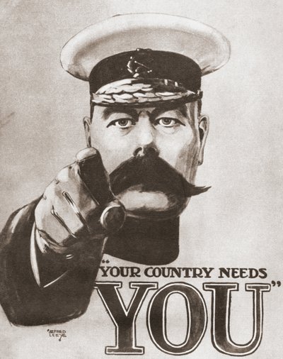 The 1914 British wartime recruitment poster depicting Lord Kitchener with the words "Your Country Needs You" (from The Story of Seventy Momentous Years, published by Odhams Press 1937) by Alfred Leete