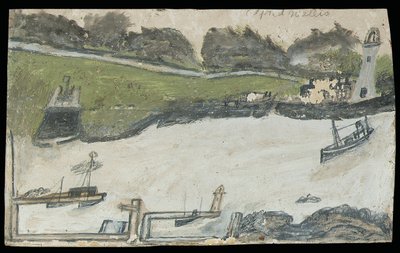 Harbour scene with castle and lighthouse by Alfred Wallis