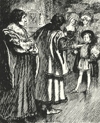 Erasmus watching Sir Thomas More presenting a poem he had written to the young Prince Henry, future King Henry VIII by Alfred Wallis Mills
