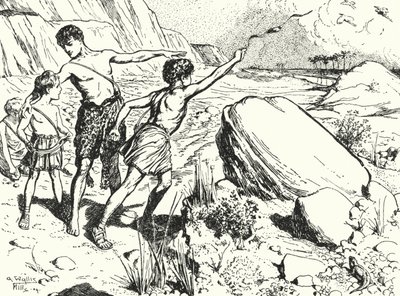 Hannibal and his brothers learning to throw stones with a sling by Alfred Wallis Mills