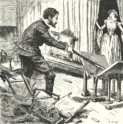 The wife of French potter Bernard Palissy looking on in horror as he smashes up their furniture to use as fuel for his furnaces by Alfred Wallis Mills