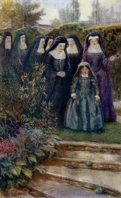 The Young Marie-Angelique Arnauld Walking in the Convent Garden with Her Nuns by Alfred Wallis Mills