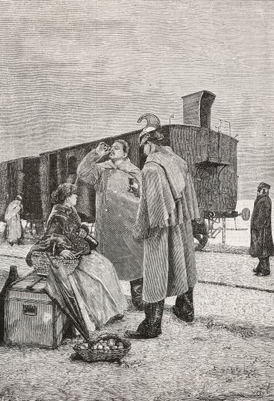 Five Minutes Stop, Two Men Standing at a Train Stop Drinking and Eating, Engraving from a Painting by Alfredo Luxoro (1859-1918), from L