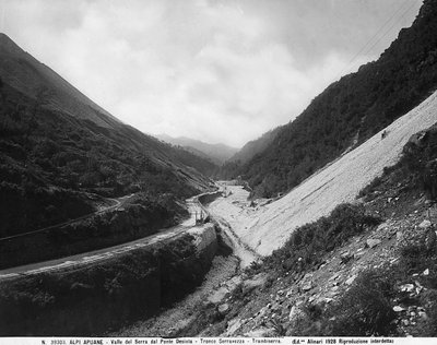 View of Valle del Serra from Desiata Bridge with the marble quarries along the road section Seravezza-Trambiserra in the Apuane Alps by Fratelli Alinari