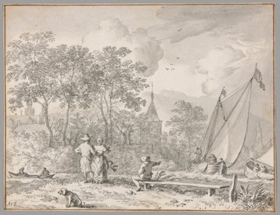 Landscape with Elegant Figures by a River, with Boats to the Right and a Town Behind Trees Beyond by Allaert van Everdingen